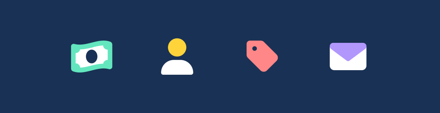 4 duotone icons: money bill, person, tag, envelope on a navy blue background. 