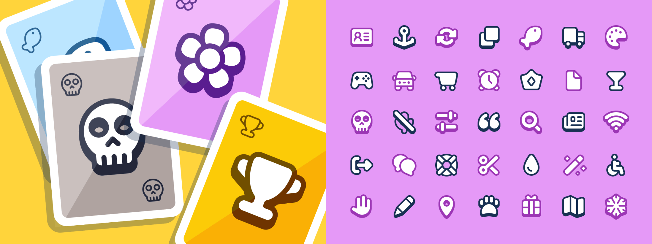 Two example mockups with new Slab Duo icons: playing cards and a grab of various icons on a pink background 